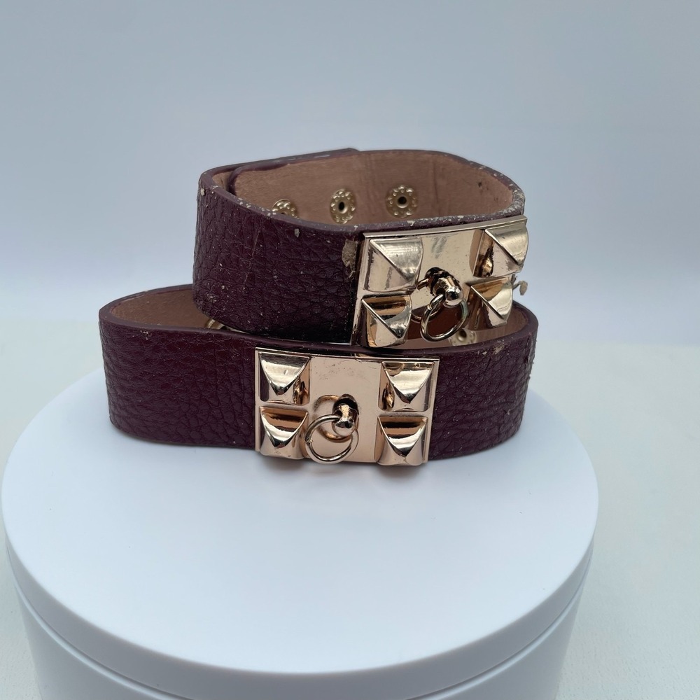 Vintage 90s Cookie Lee Burgundy Faux Leather Studded Cuff Bracelet Set Gold Tone